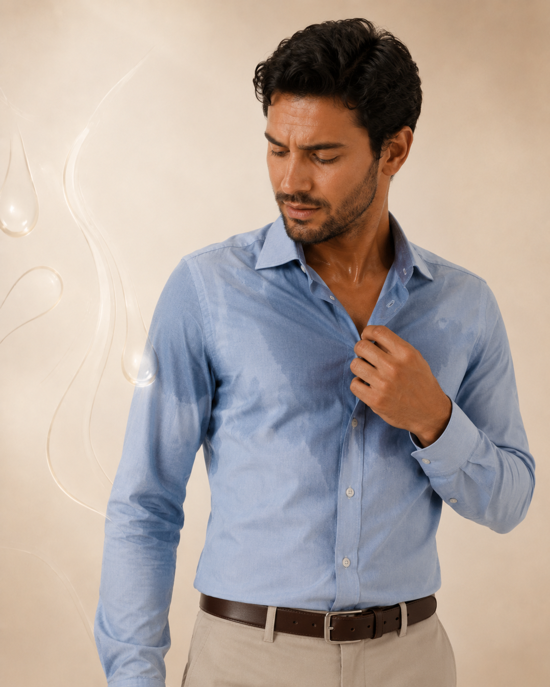 Homem com camisa marcada por suor generalizado